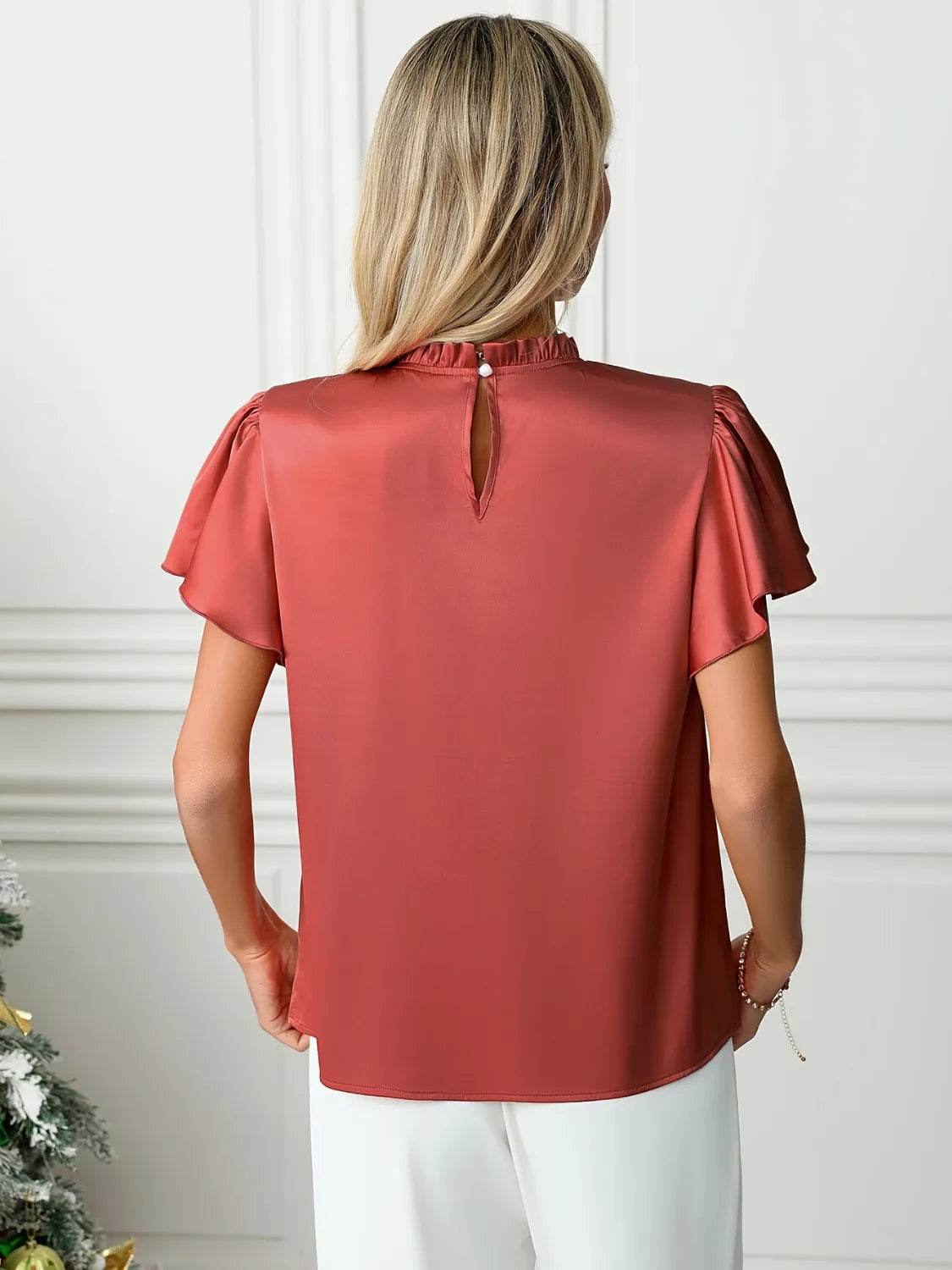 Frill High Neck Flutter Sleeve Blouse - MARIGOLD