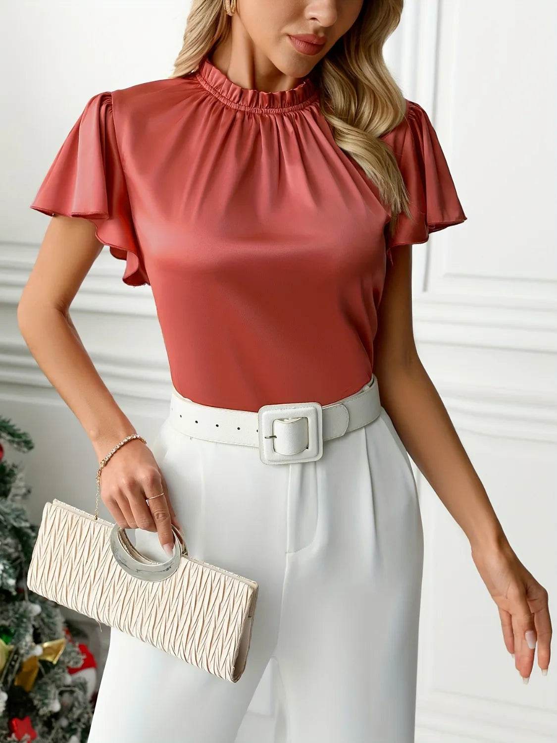 Frill High Neck Flutter Sleeve Blouse - MARIGOLD