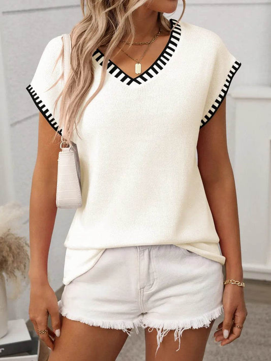 Contrast Trim V-Neck Short Sleeve Knit Top - MARIGOLD