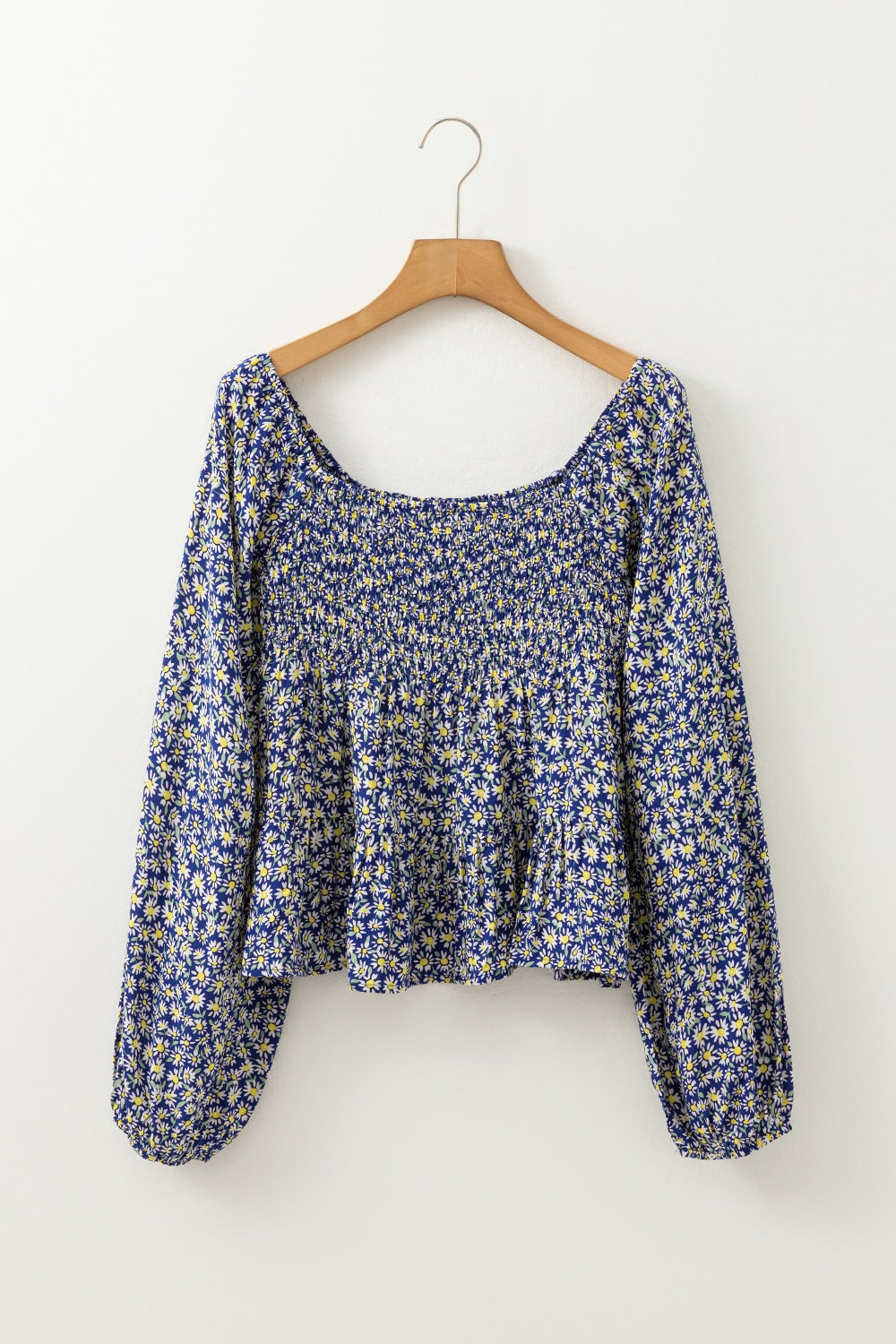Daisy Print Long Sleeve Blouse with Smocked Square Neck - MARIGOLD