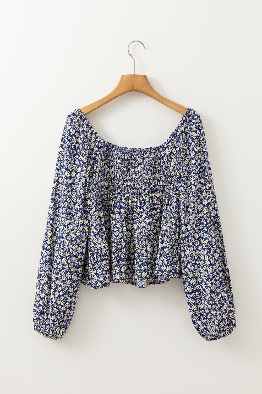 Daisy Print Long Sleeve Blouse with Smocked Square Neck - MARIGOLD