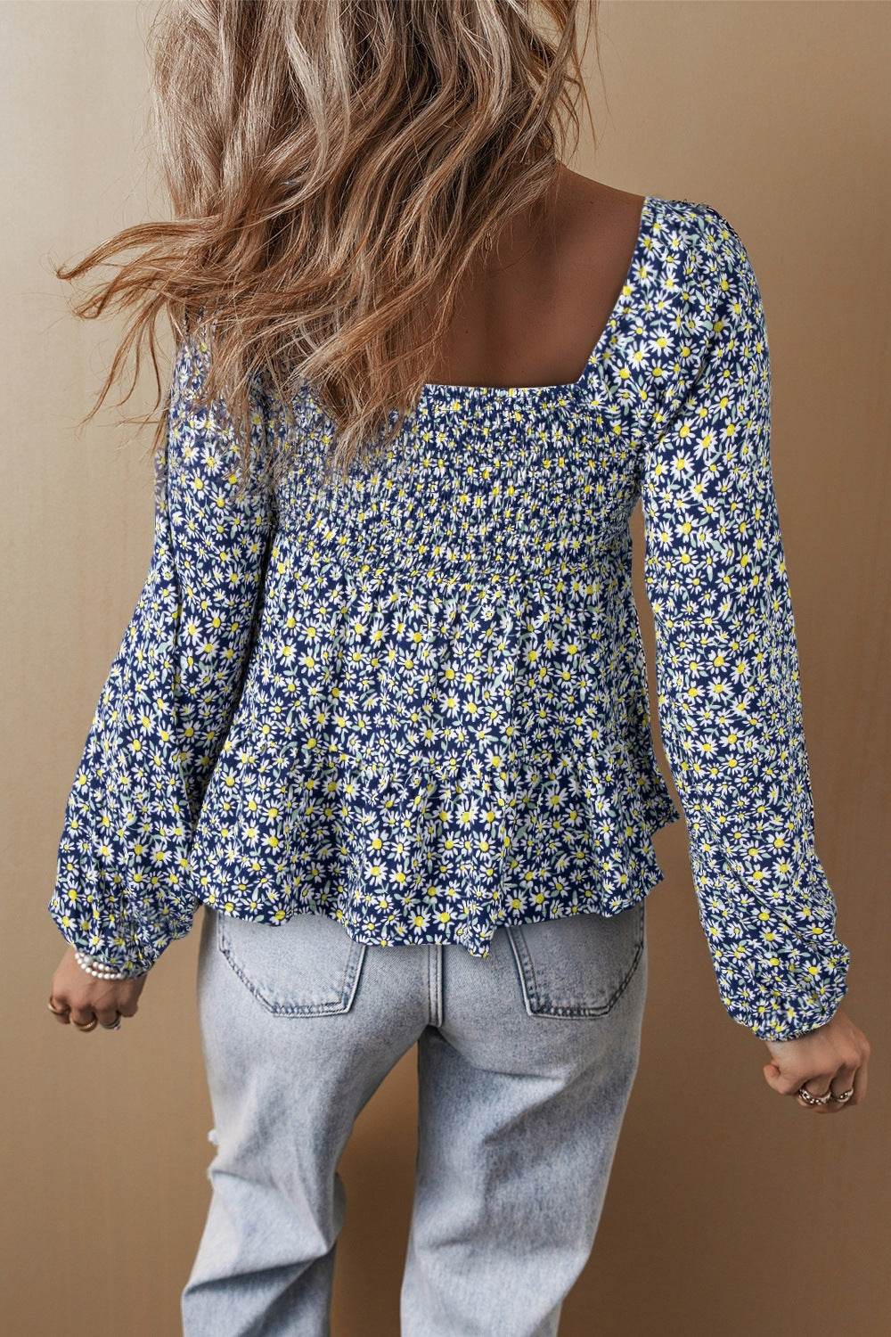 Daisy Print Long Sleeve Blouse with Smocked Square Neck - MARIGOLD