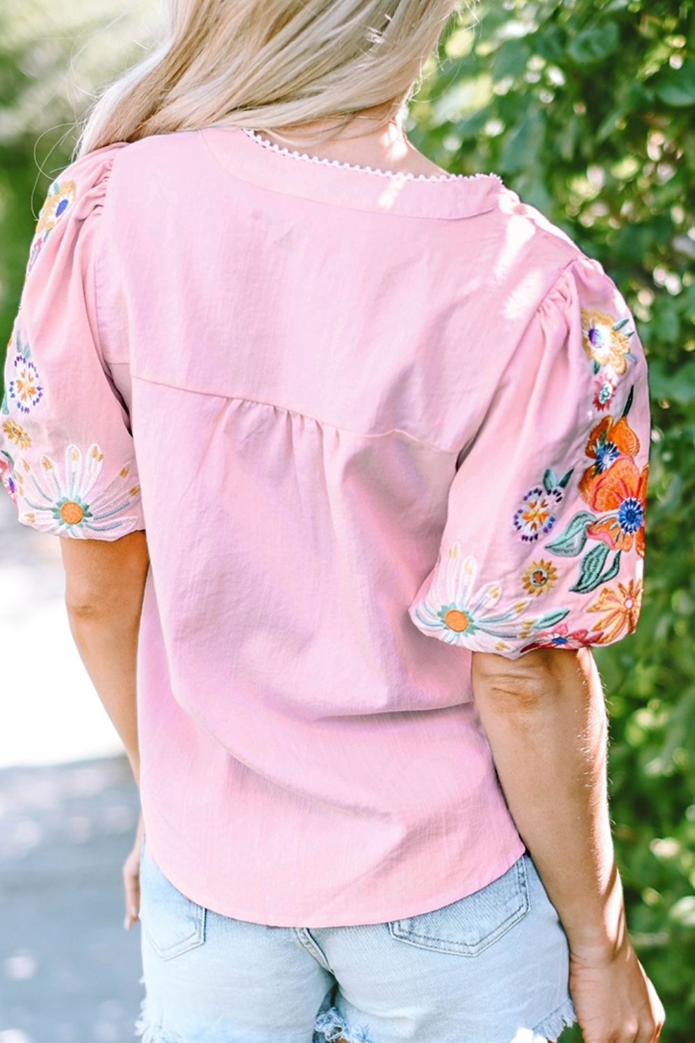 Dusty Pink Floral Embroidered Puff Sleeve Blouse - MARIGOLD