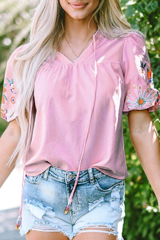 Dusty Pink Floral Embroidered Puff Sleeve Blouse - MARIGOLD