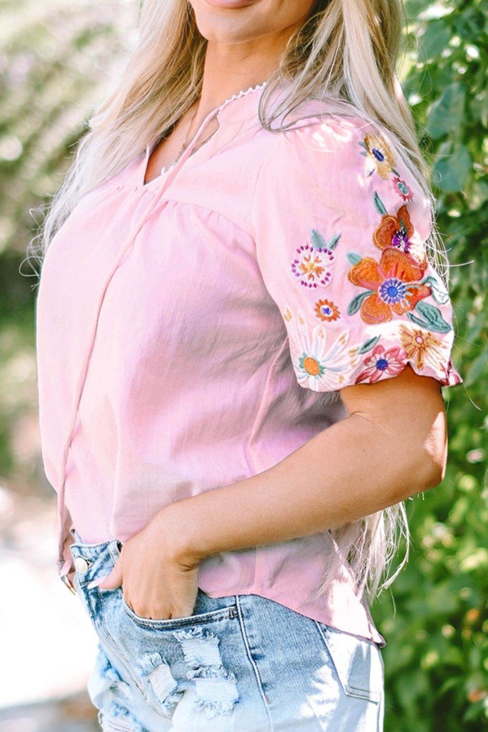 Dusty Pink Floral Embroidered Puff Sleeve Blouse - MARIGOLD