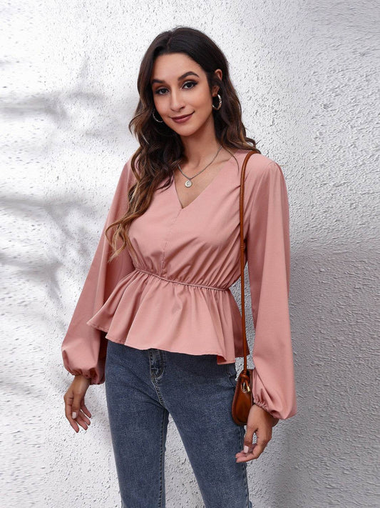 V-Neck Balloon Sleeve Peplum Blouse - MARIGOLD