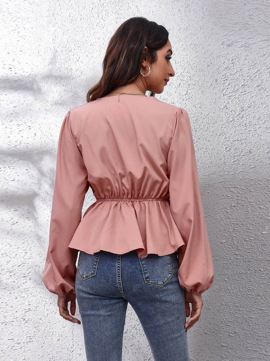 V-Neck Balloon Sleeve Peplum Blouse - MARIGOLD