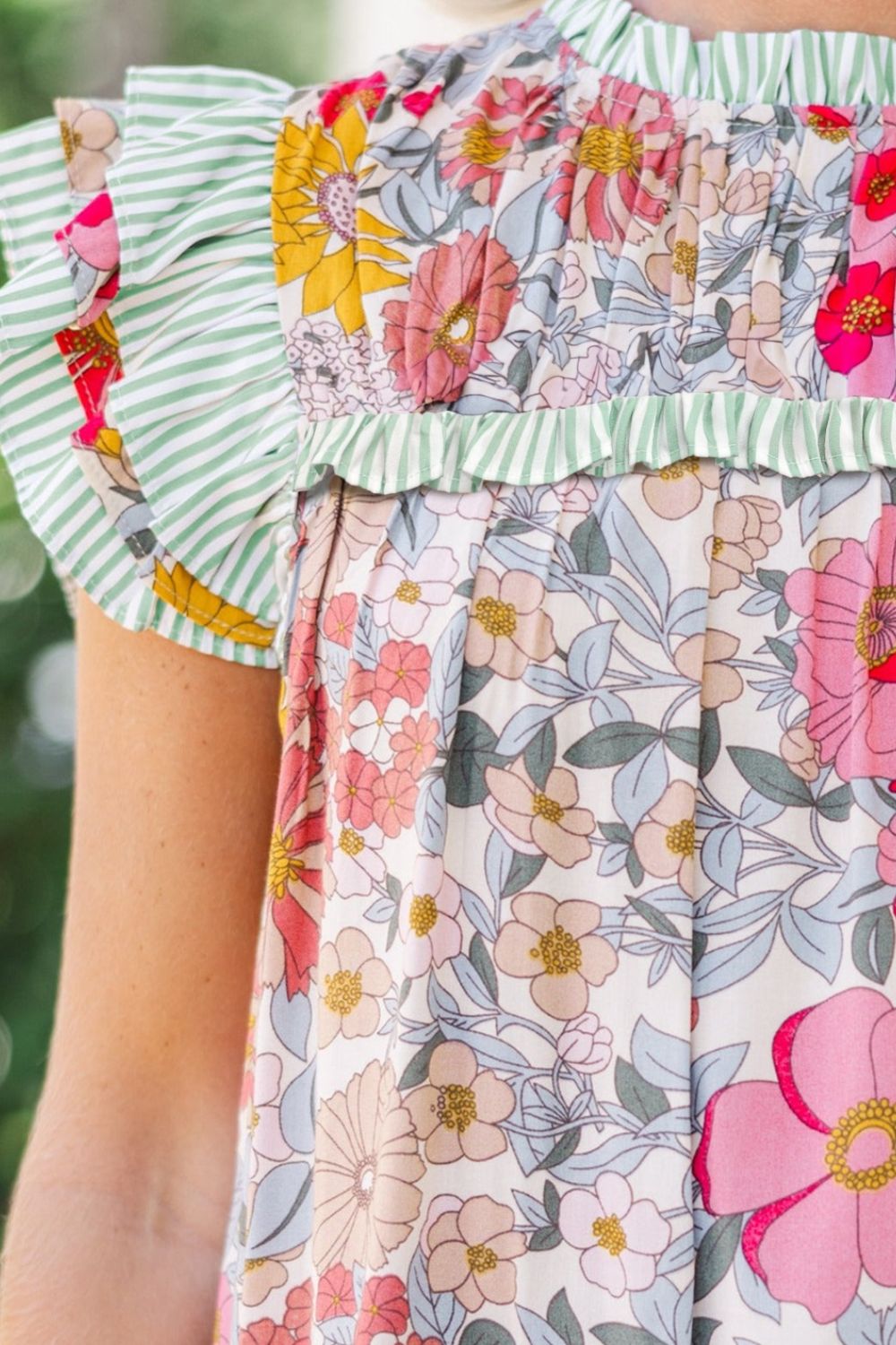 Floral Print Ruffled Cap Sleeve Blouse with Frilled Details - MARIGOLD