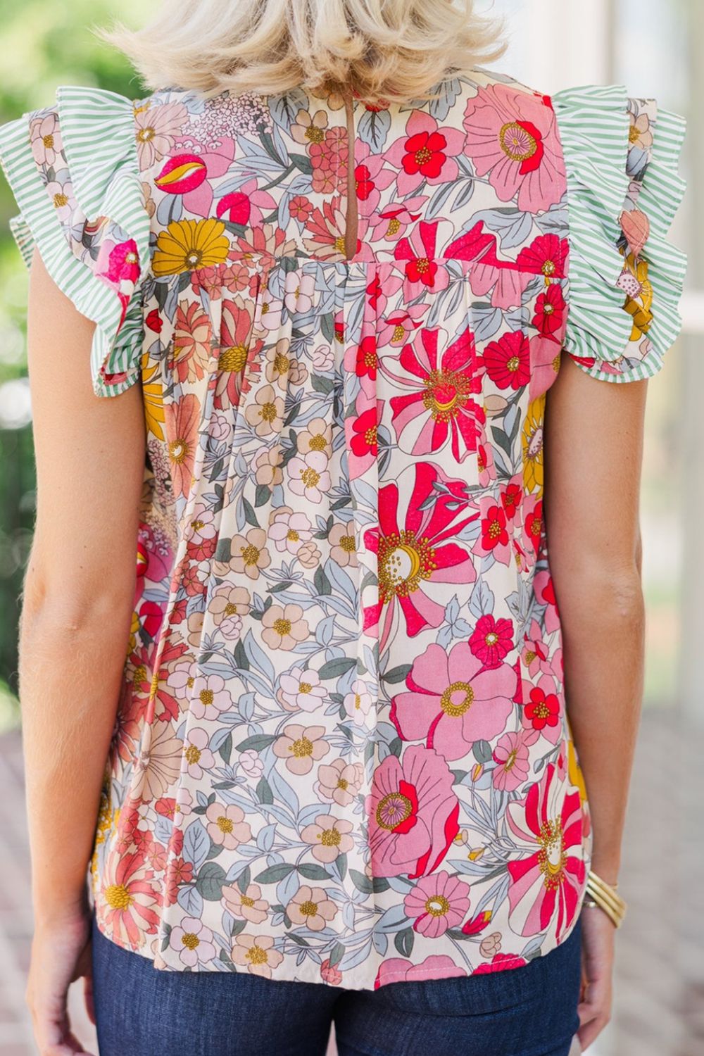 Floral Print Ruffled Cap Sleeve Blouse with Frilled Details - MARIGOLD