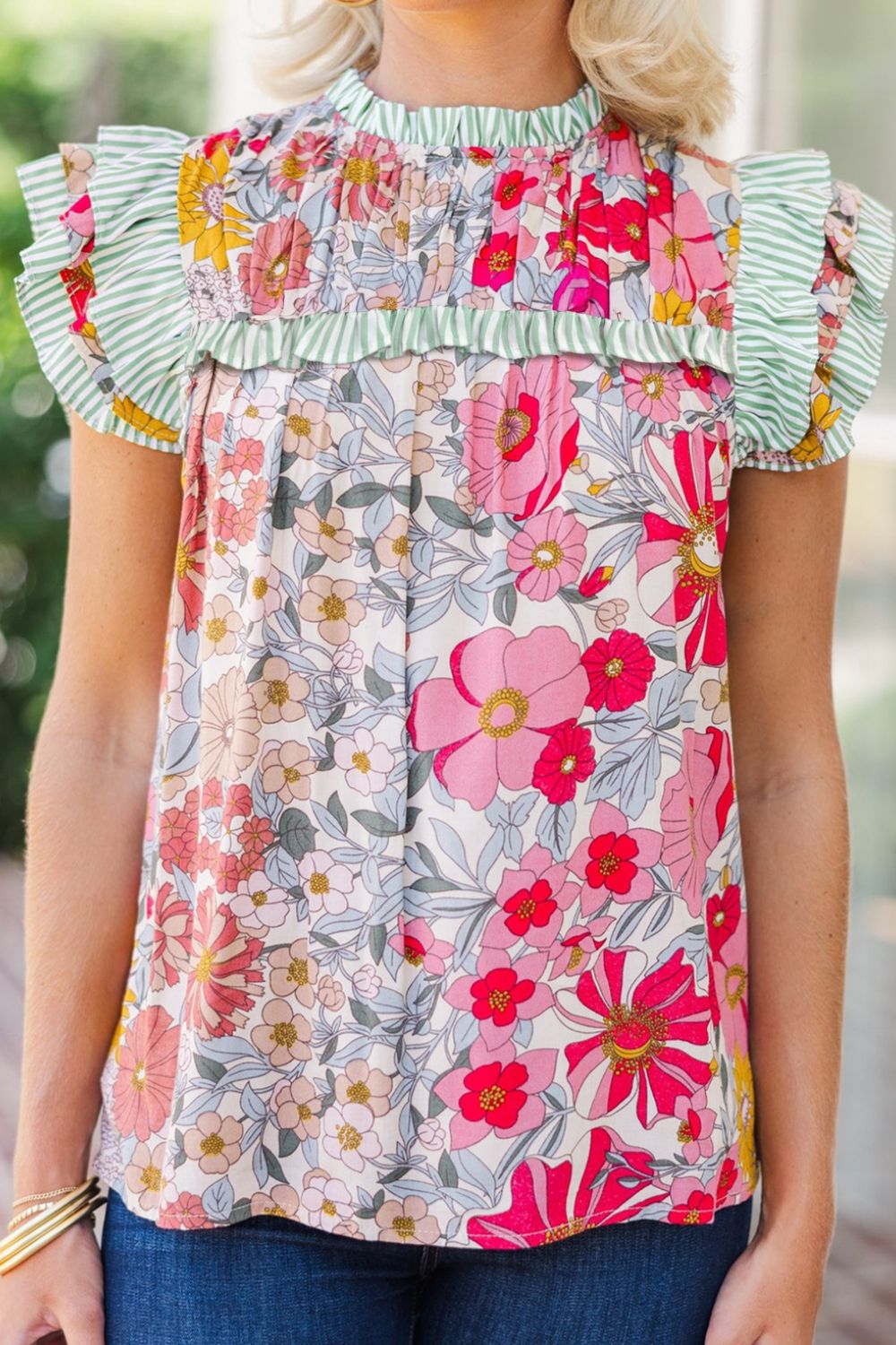 Floral Print Ruffled Cap Sleeve Blouse with Frilled Details - MARIGOLD