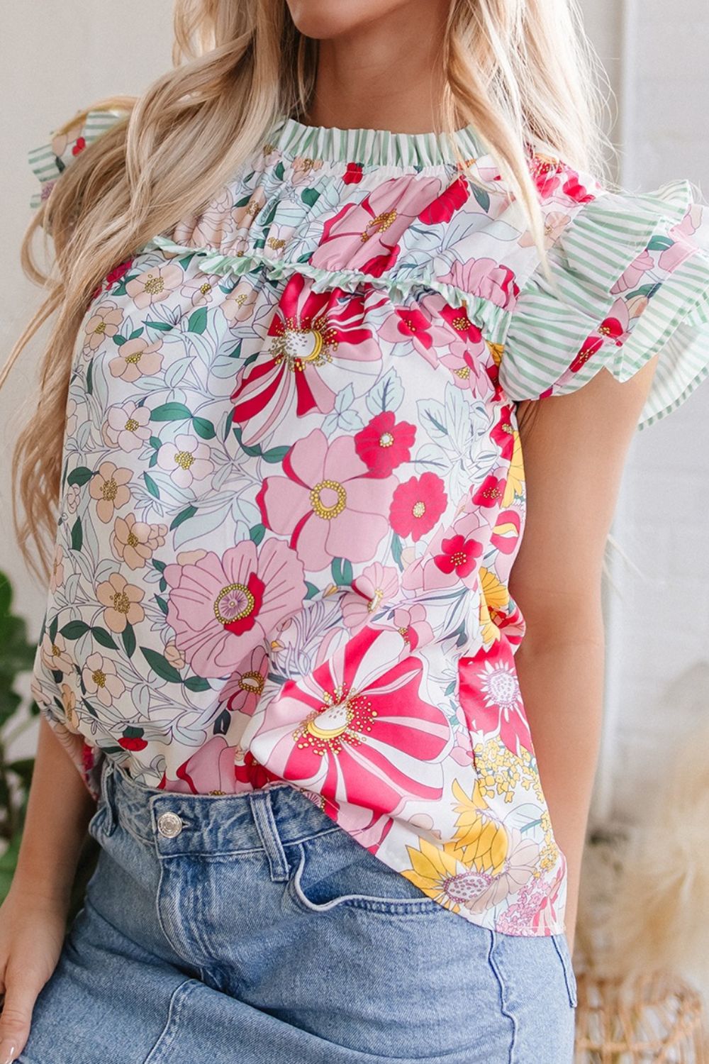 Floral Print Ruffled Cap Sleeve Blouse with Frilled Details - MARIGOLD