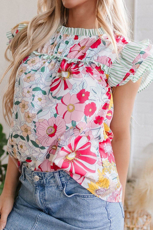 Floral Print Ruffled Cap Sleeve Blouse with Frilled Details - MARIGOLD