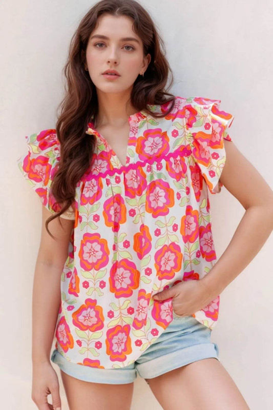 Floral Ruffled Sleeve Ric-Rac Trim Blouse - MARIGOLD