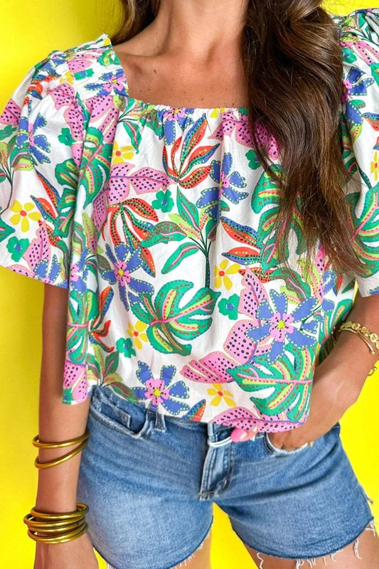 Vibrant Plant Print Puff Short Sleeve Blouse - MARIGOLD