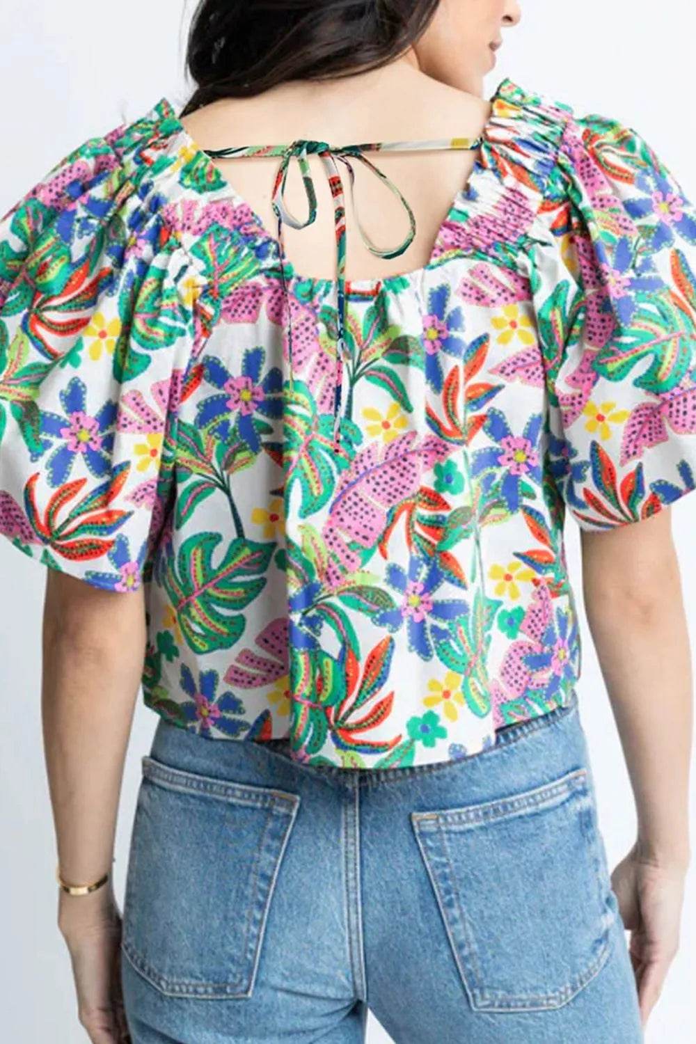 Vibrant Plant Print Puff Short Sleeve Blouse - MARIGOLD