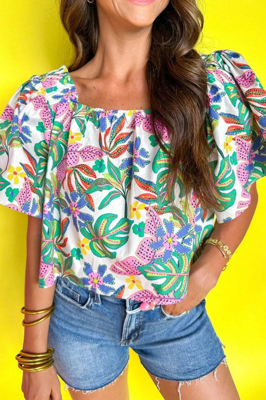 Vibrant Plant Print Puff Short Sleeve Blouse - MARIGOLD