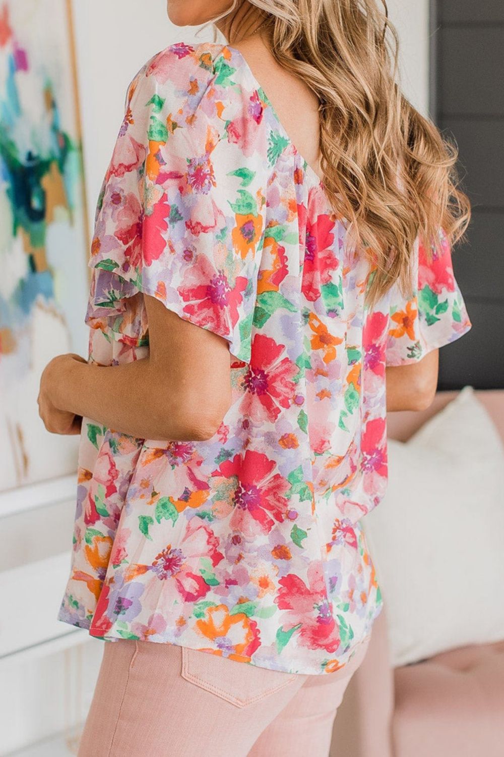 Floral Print Blouse with Angel Sleeves - MARIGOLD