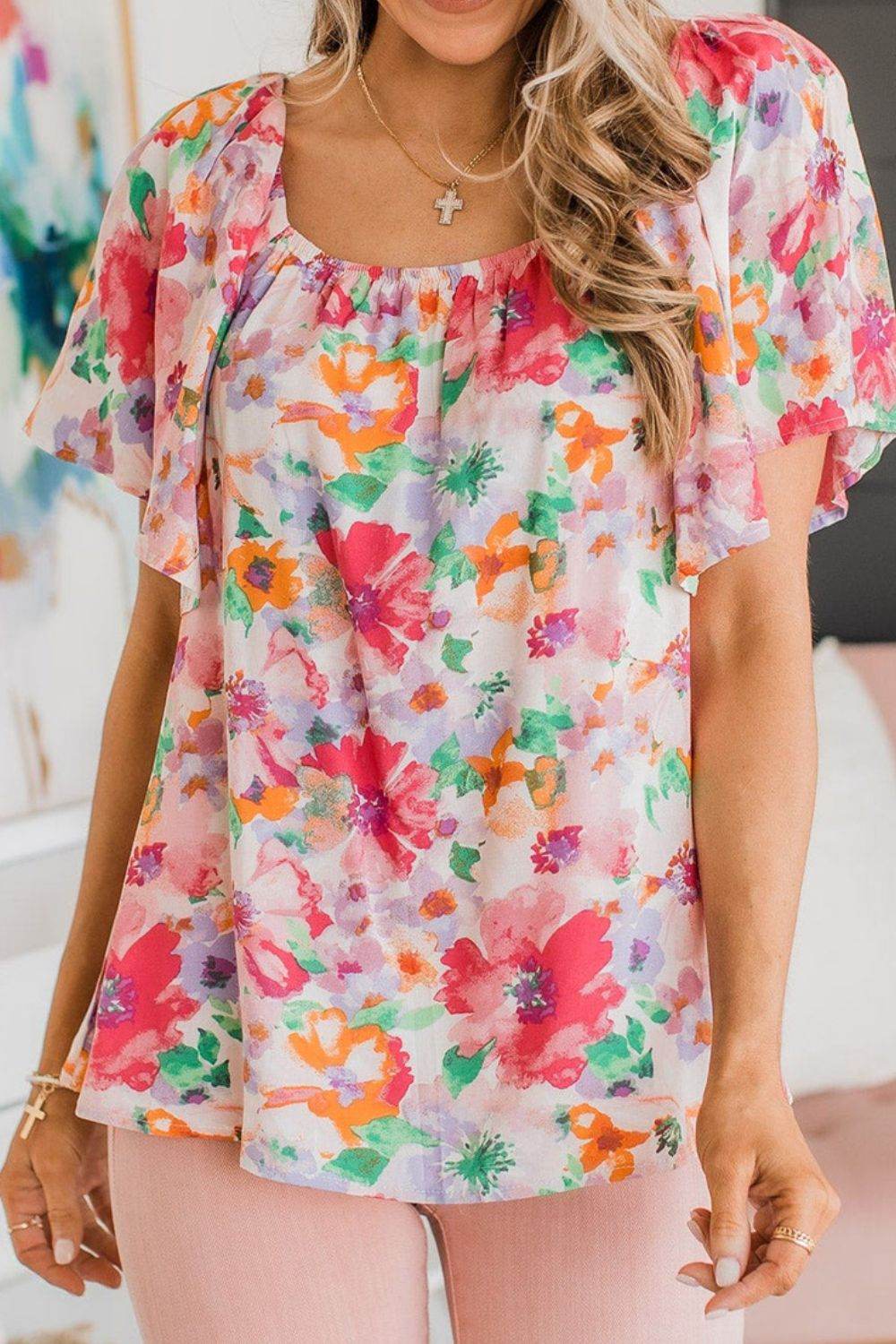 Floral Print Blouse with Angel Sleeves - MARIGOLD