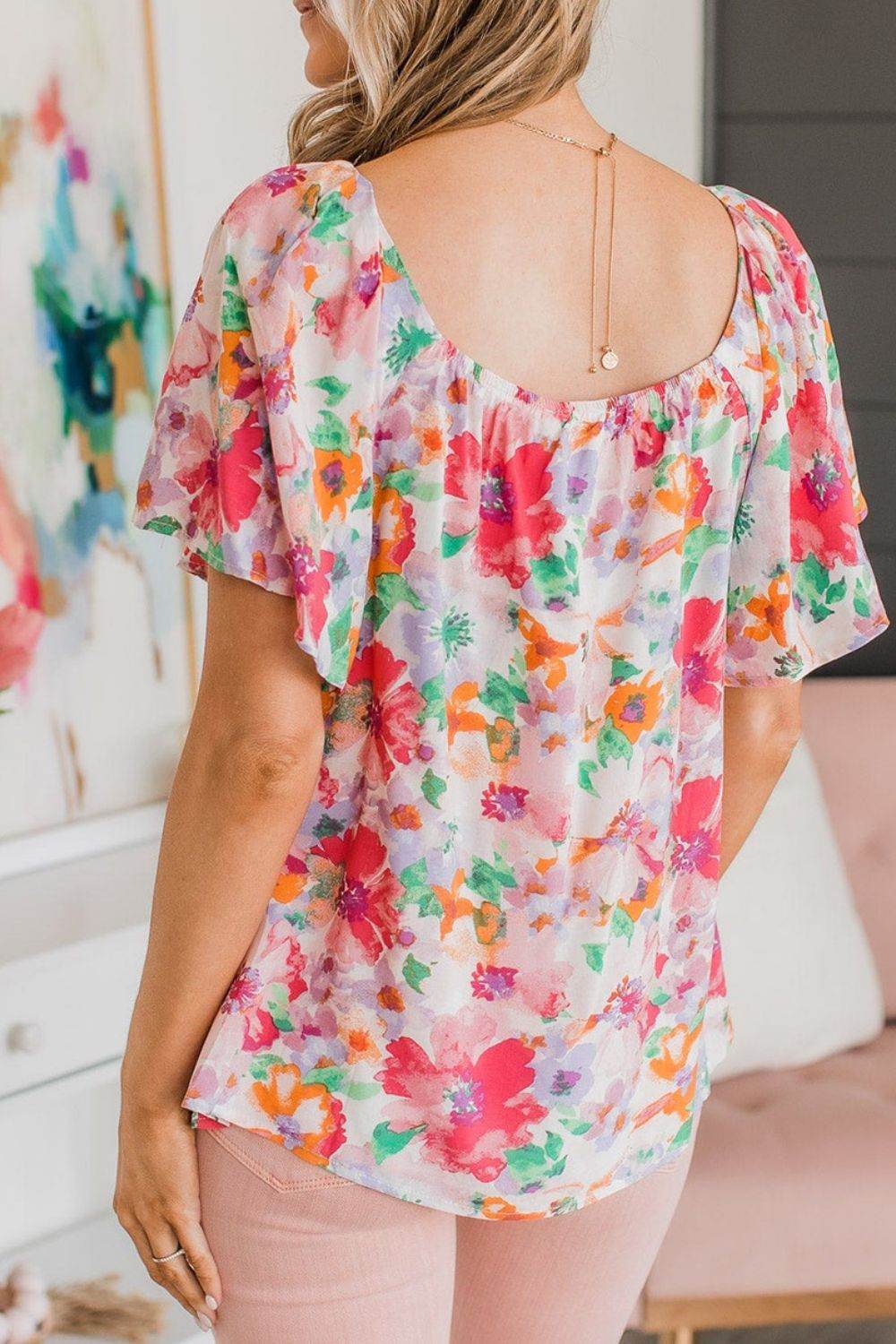 Floral Print Blouse with Angel Sleeves - MARIGOLD