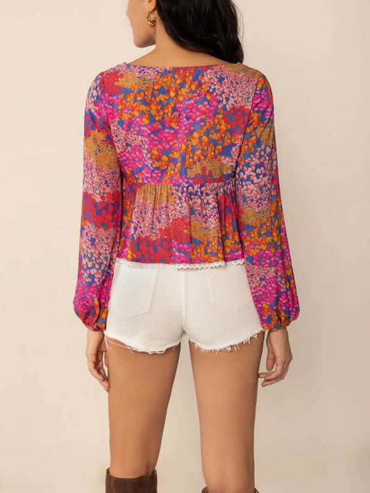 Abstract Floral Lace V-Neck Balloon Sleeve Peplum Top - MARIGOLD