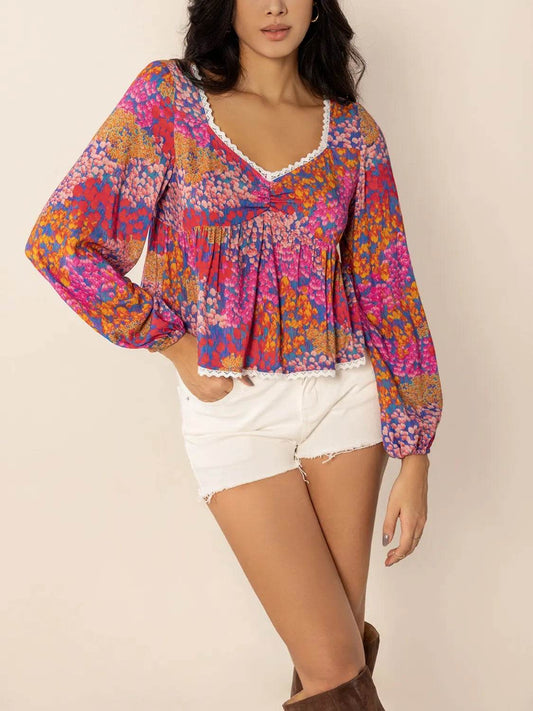 Abstract Floral Lace V-Neck Balloon Sleeve Peplum Top - MARIGOLD