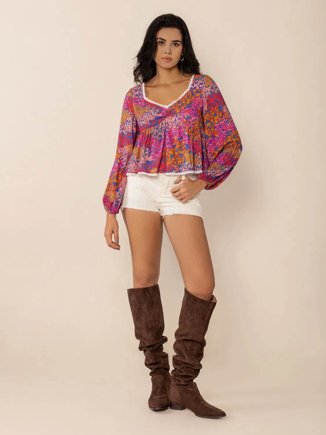 Abstract Floral Lace V-Neck Balloon Sleeve Peplum Top - MARIGOLD