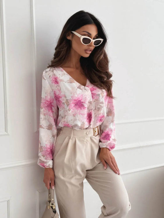 Floral V-Neck Long Sleeve Blouse - MARIGOLD