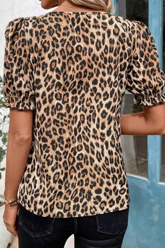 Leopard Ruffled Neck Cascading Puff Short Sleeve Top - MARIGOLD