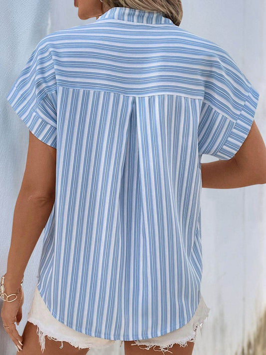 Half Button Striped Short Sleeve Blouse - MARIGOLD