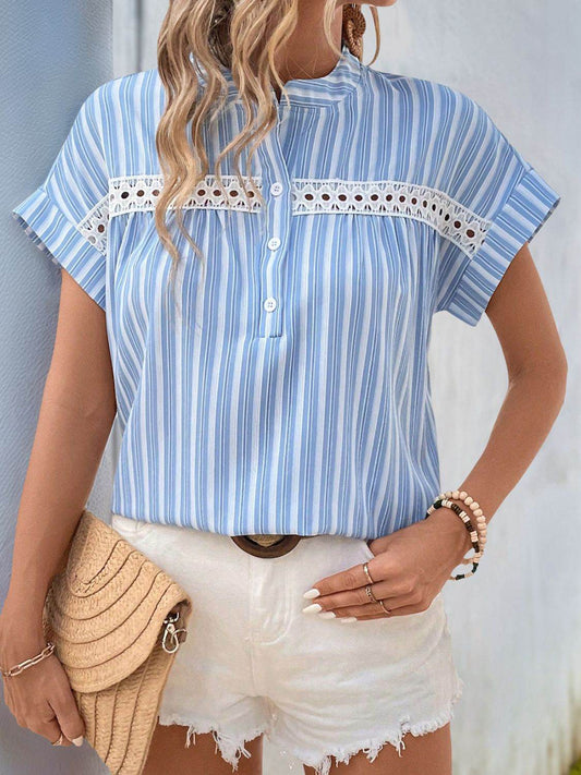 Half Button Striped Short Sleeve Blouse - MARIGOLD
