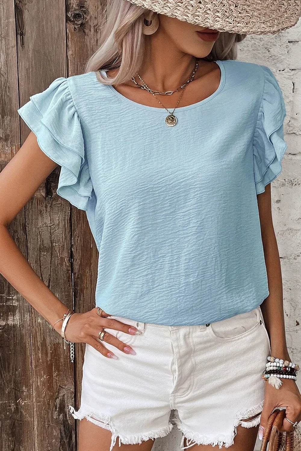 Solid Color Ruffled Short Sleeve Casual Blouse - MARIGOLD