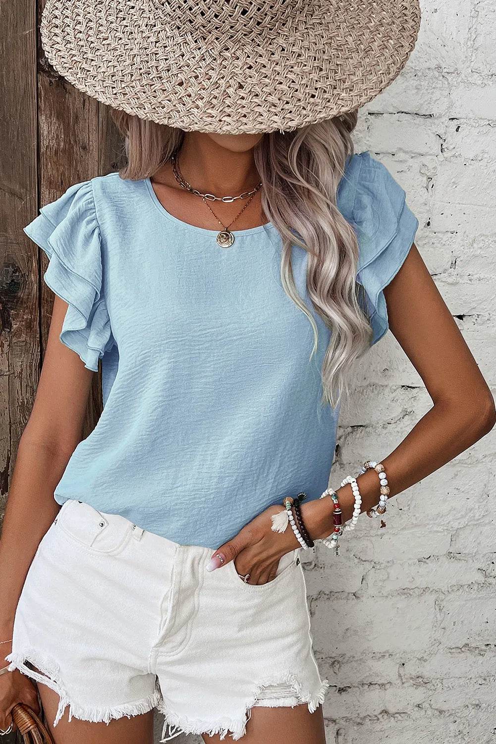 Solid Color Ruffled Short Sleeve Casual Blouse - MARIGOLD