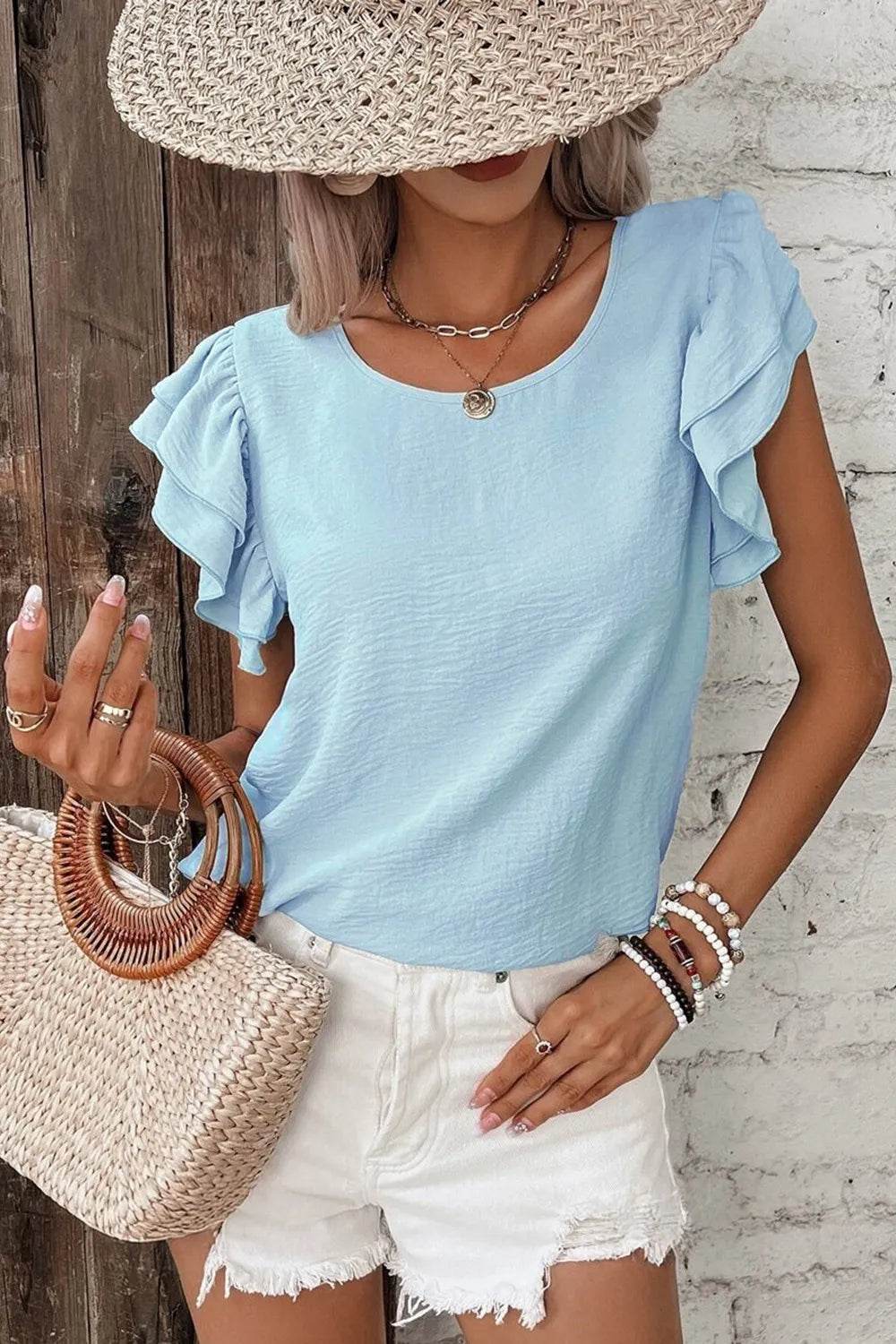 Solid Color Ruffled Short Sleeve Casual Blouse - MARIGOLD