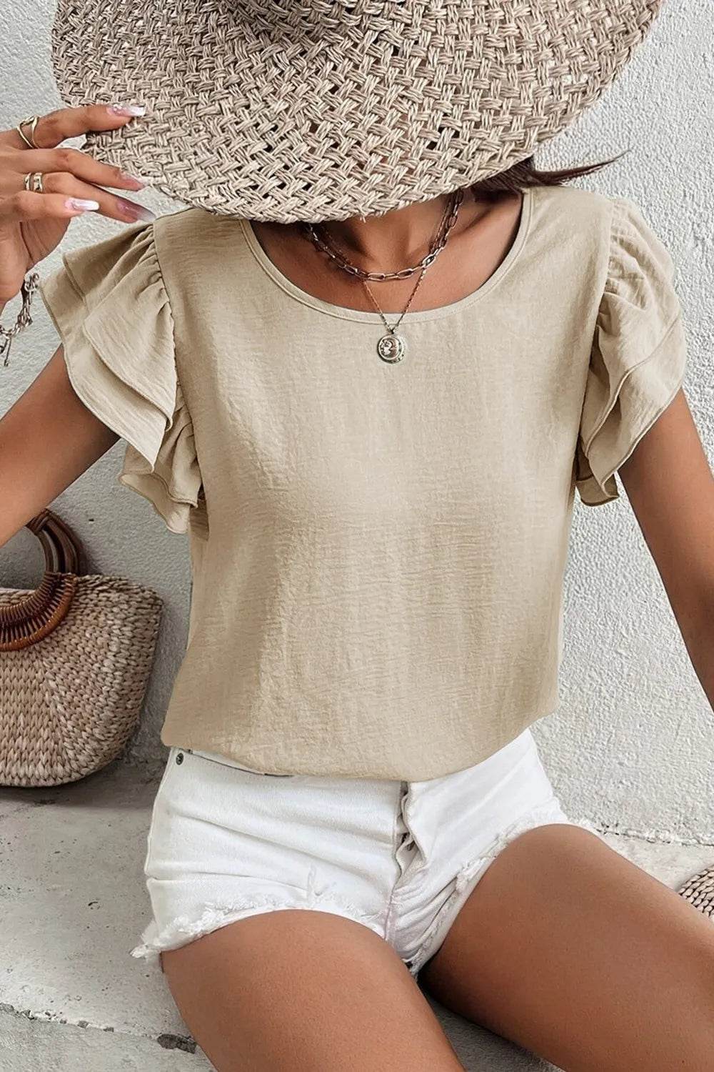 Solid Color Ruffled Short Sleeve Casual Blouse - MARIGOLD