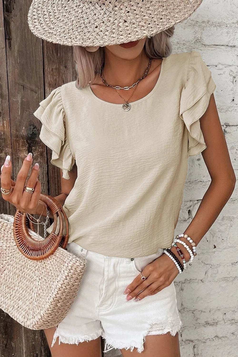 Solid Color Ruffled Short Sleeve Casual Blouse - MARIGOLD