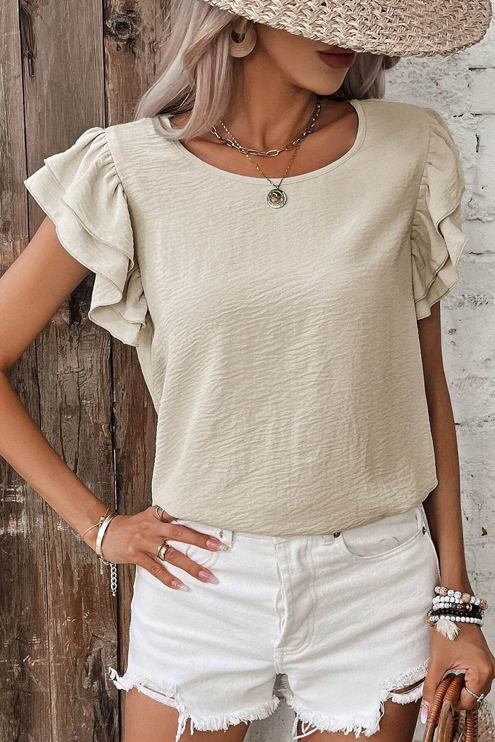 Solid Color Ruffled Short Sleeve Casual Blouse - MARIGOLD