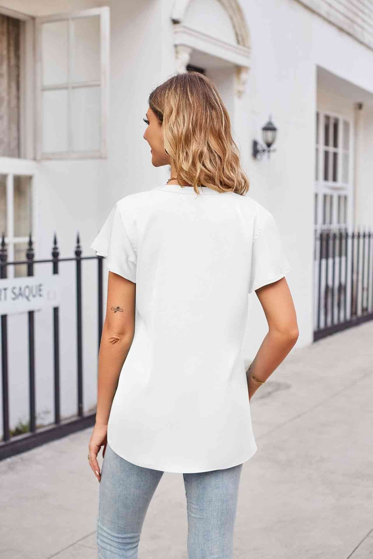 Notched Neck Flutter Sleeve Satin Top - MARIGOLD