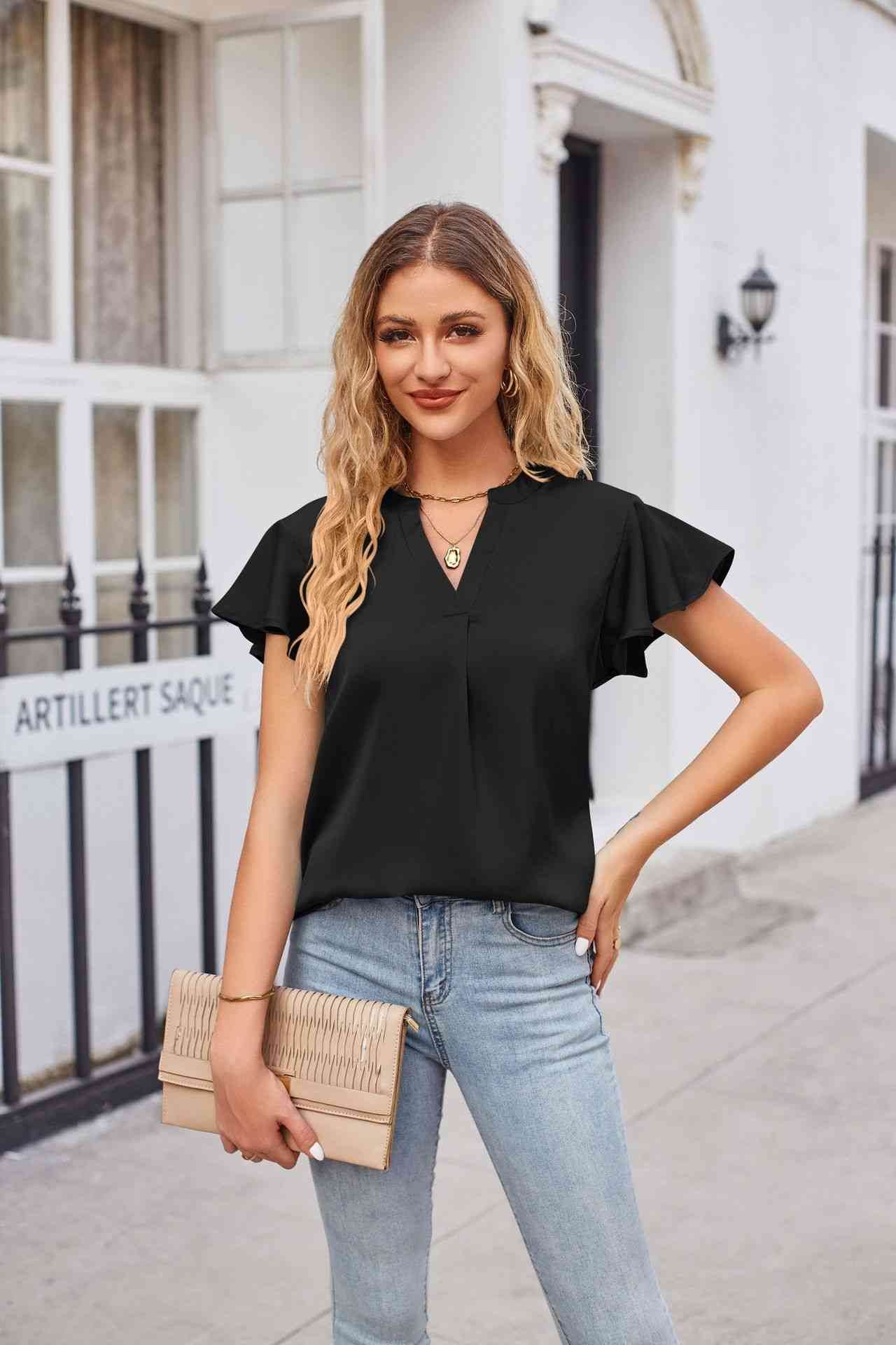 Notched Neck Flutter Sleeve Satin Top - MARIGOLD