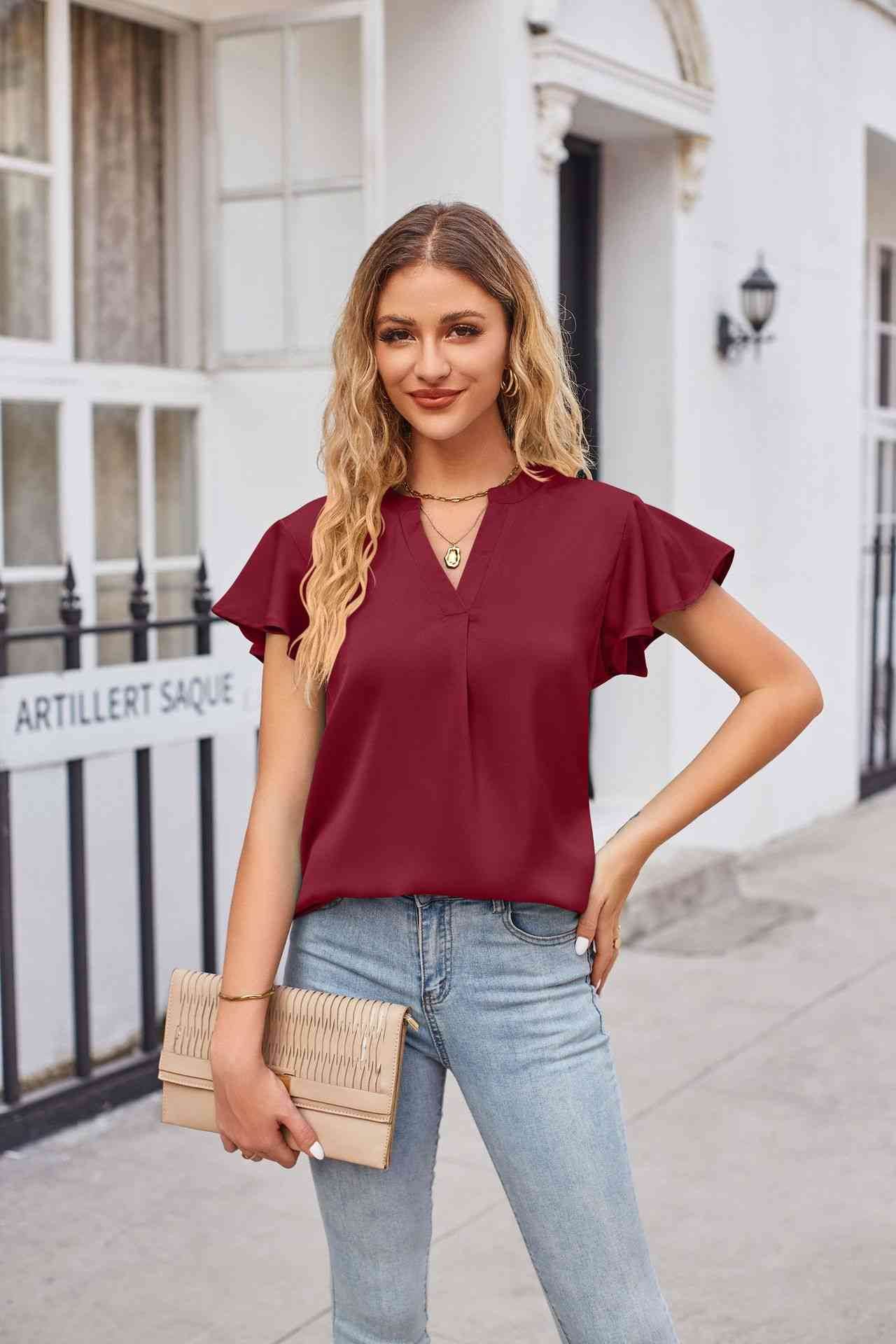Notched Neck Flutter Sleeve Satin Top - MARIGOLD