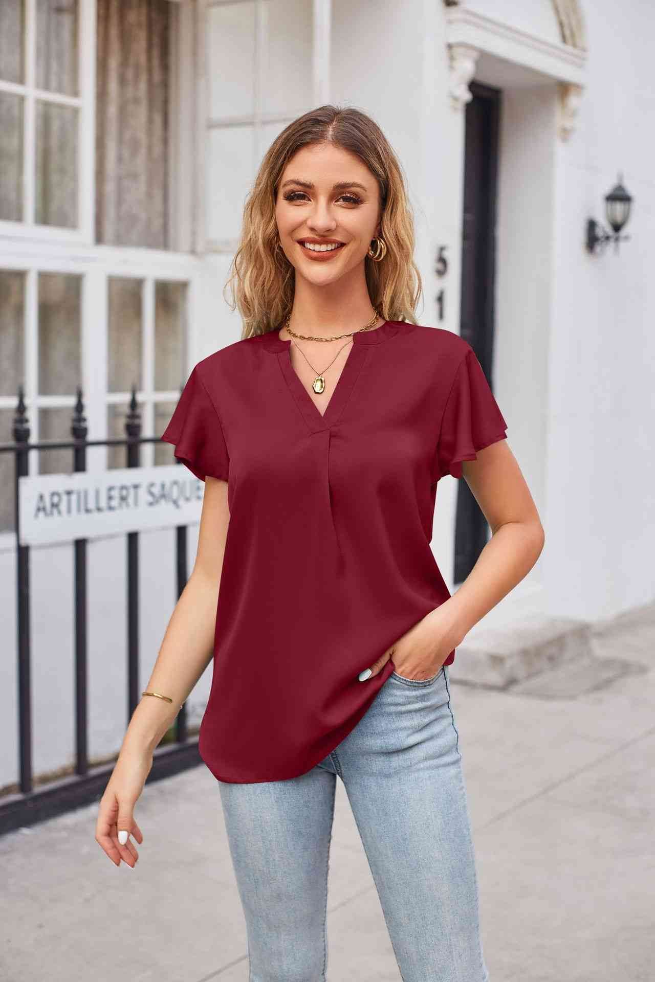 Notched Neck Flutter Sleeve Satin Top - MARIGOLD