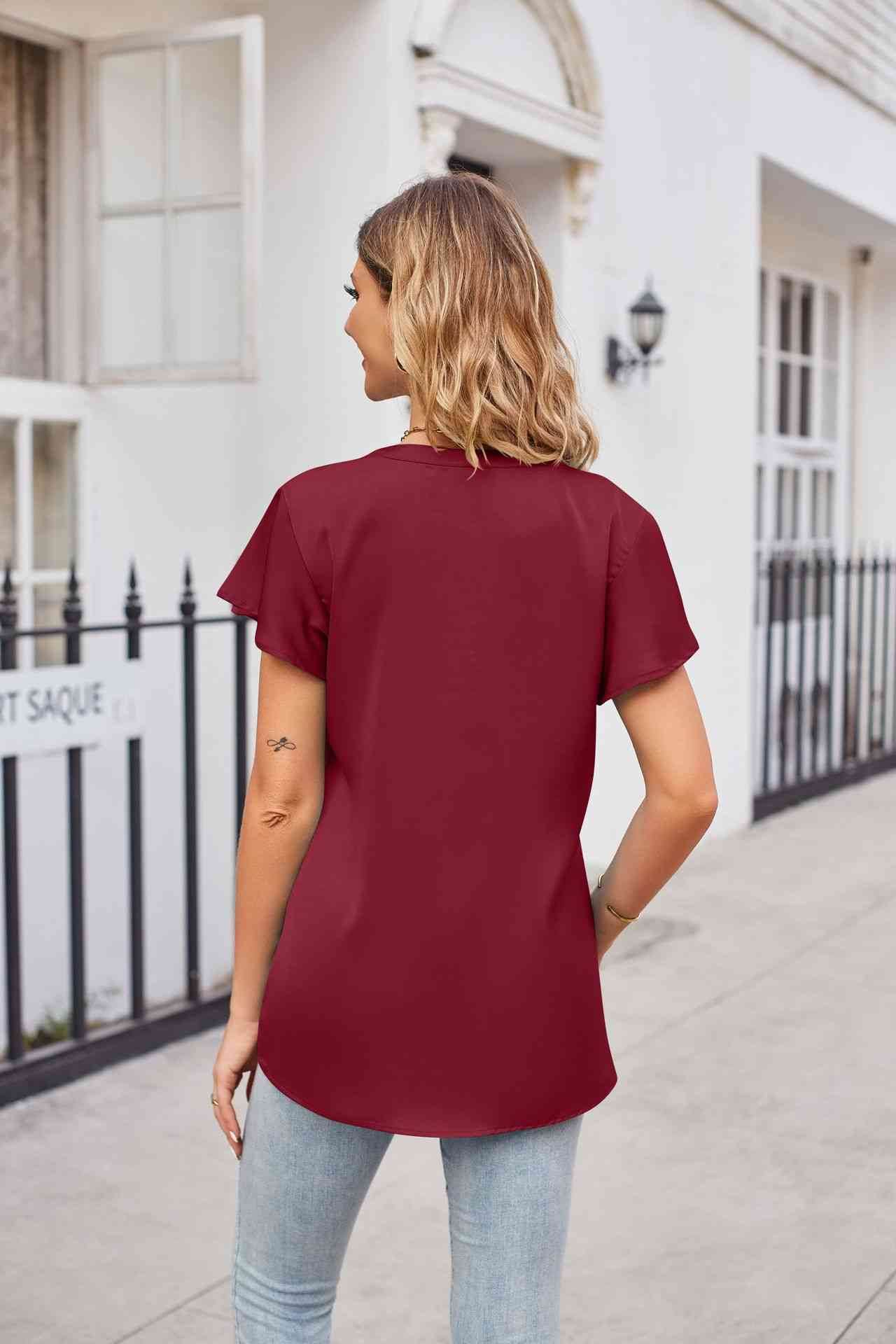 Notched Neck Flutter Sleeve Satin Top - MARIGOLD
