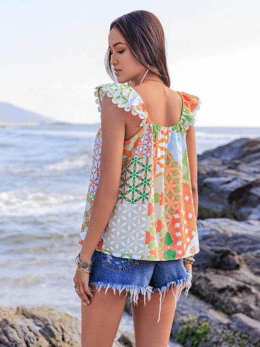 Abstract Lace Trim Cap Sleeve Blouse - MARIGOLD
