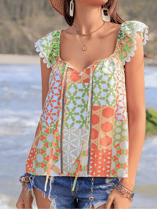 Abstract Lace Trim Cap Sleeve Blouse - MARIGOLD