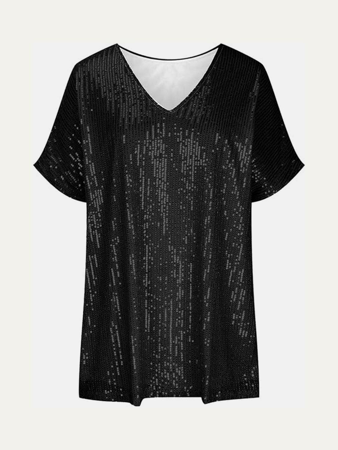 Dazzling Sequin V-Neck Short Sleeve Top - MARIGOLD