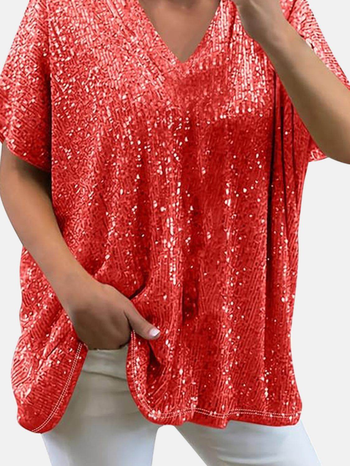 Dazzling Sequin V-Neck Short Sleeve Top - MARIGOLD