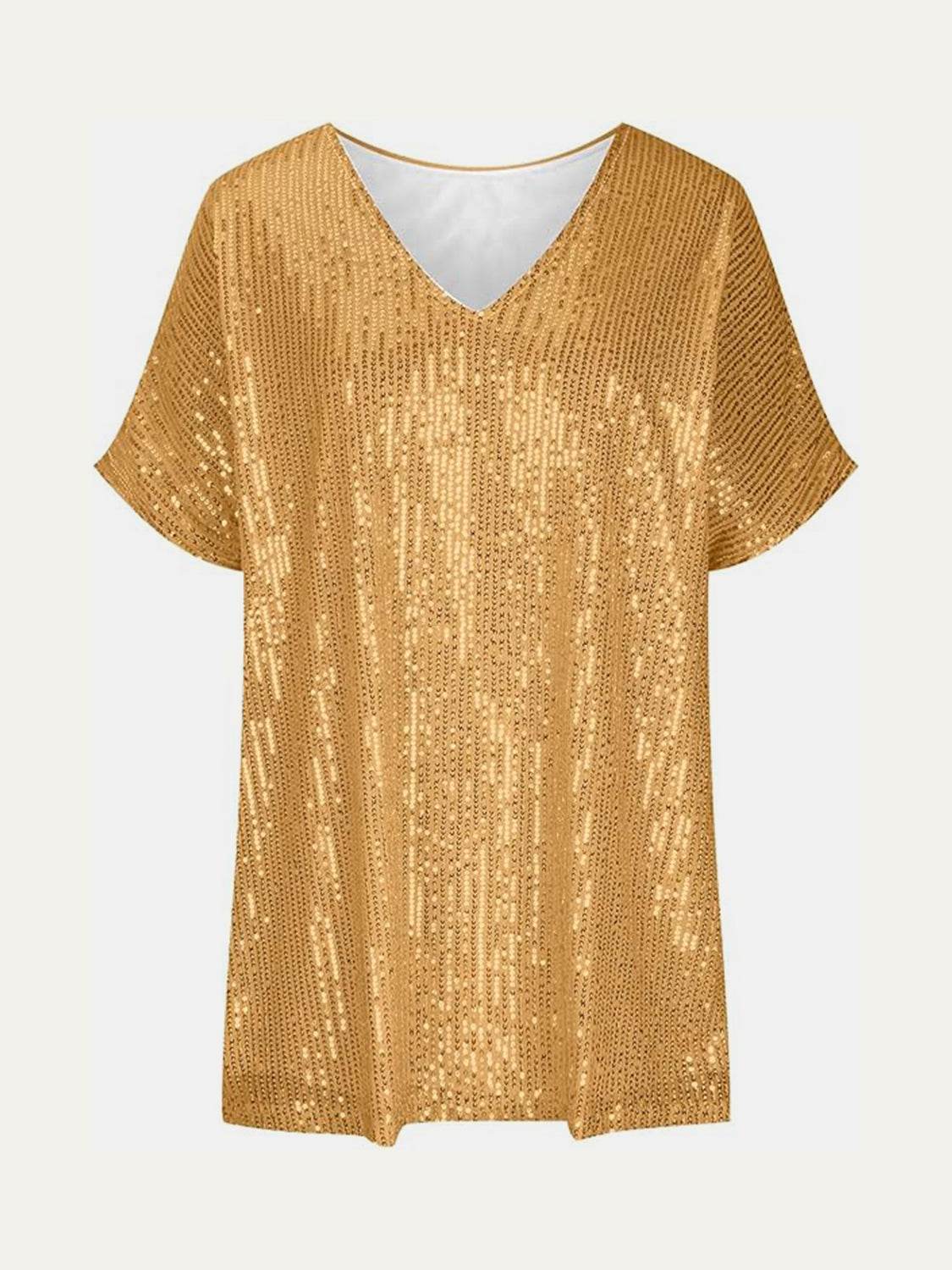 Dazzling Sequin V-Neck Short Sleeve Top - MARIGOLD