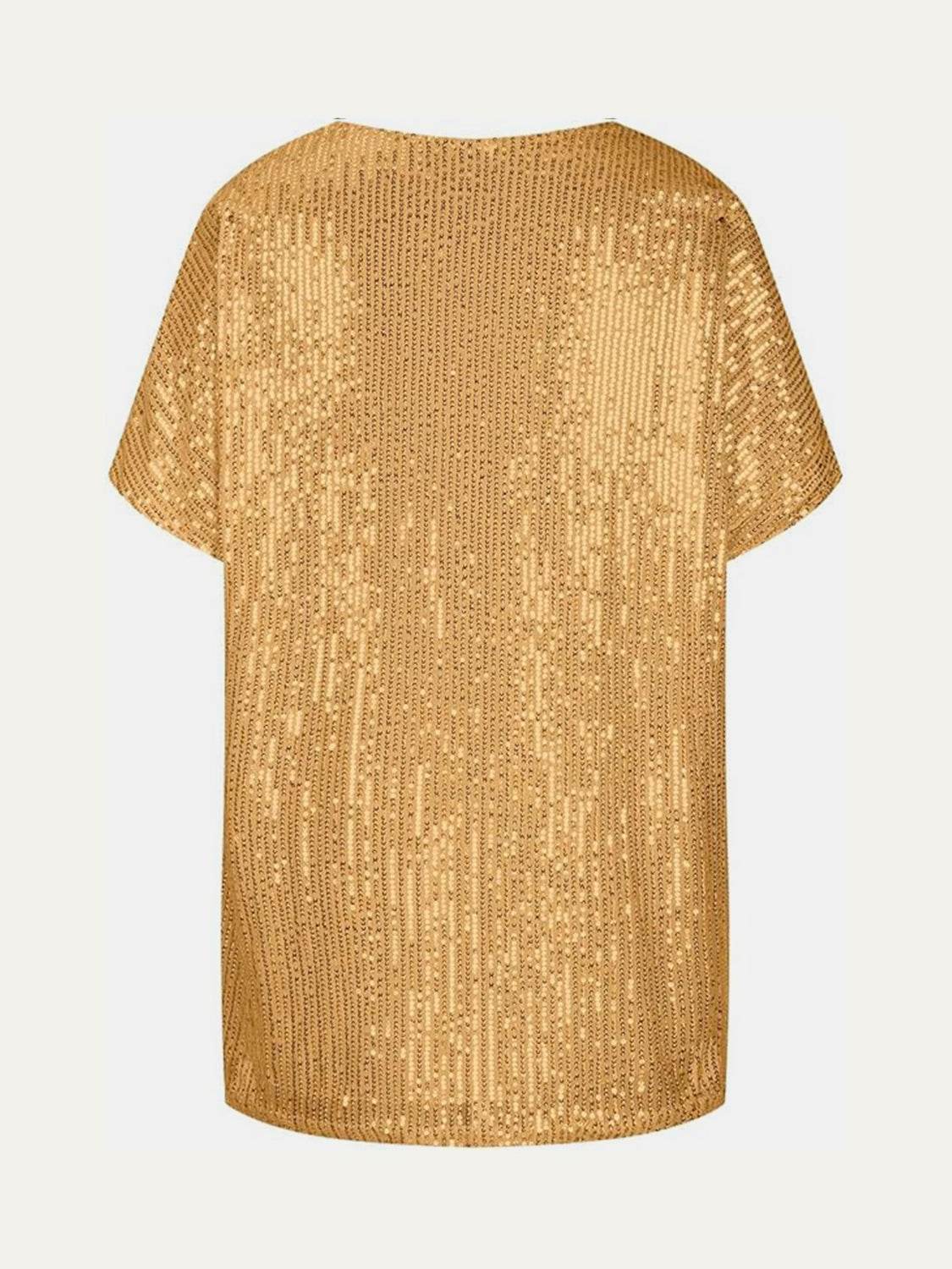 Dazzling Sequin V-Neck Short Sleeve Top - MARIGOLD