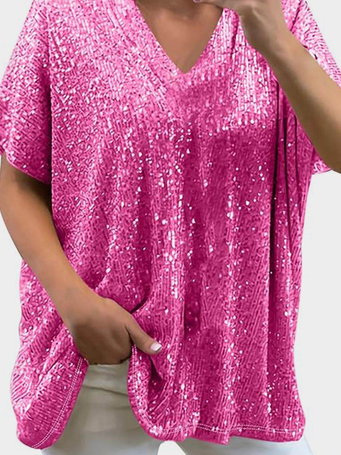 Dazzling Sequin V-Neck Short Sleeve Top - MARIGOLD