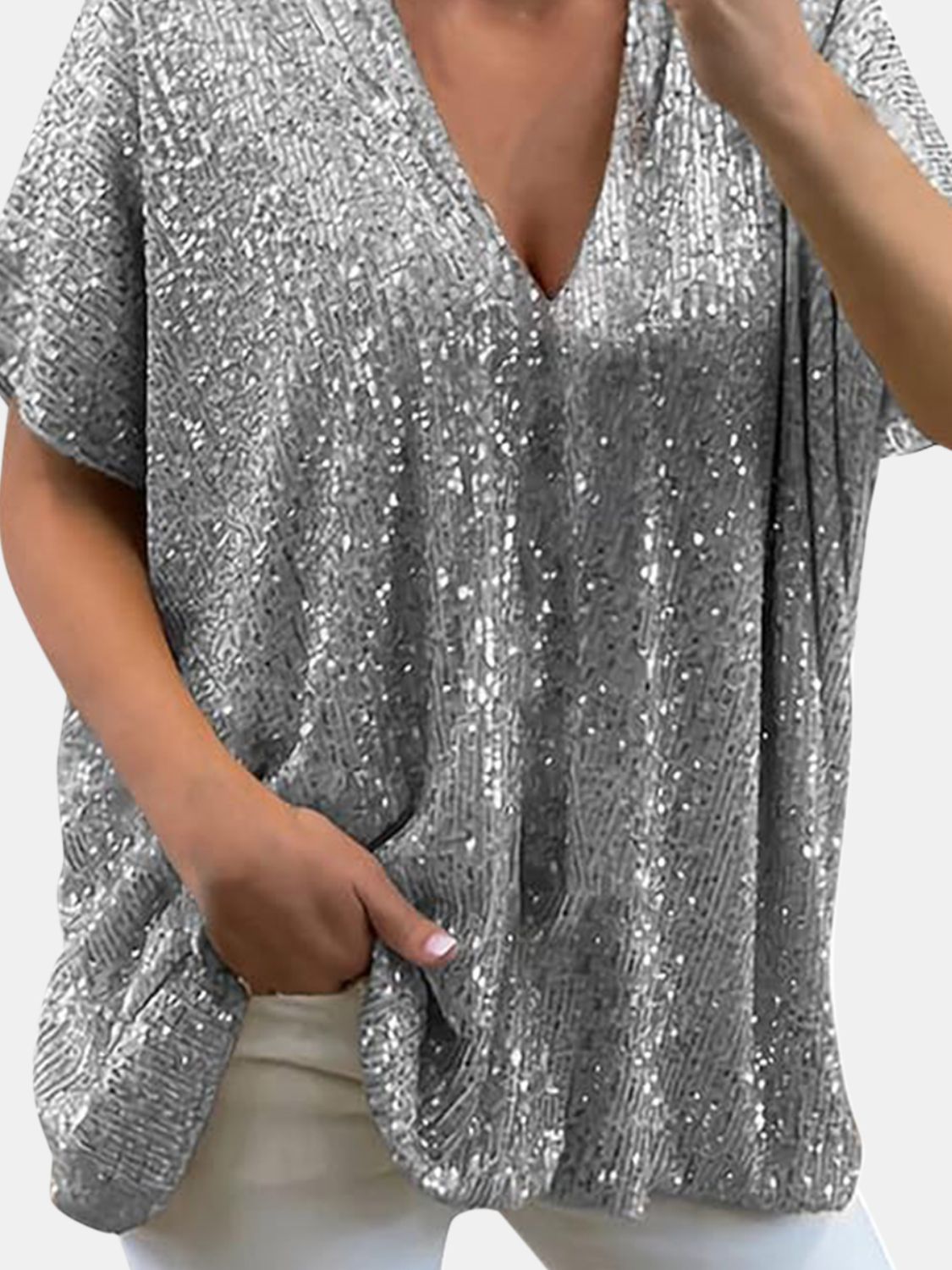 Full Size Sequin V-Neck Short Sleeve Top - MARIGOLD