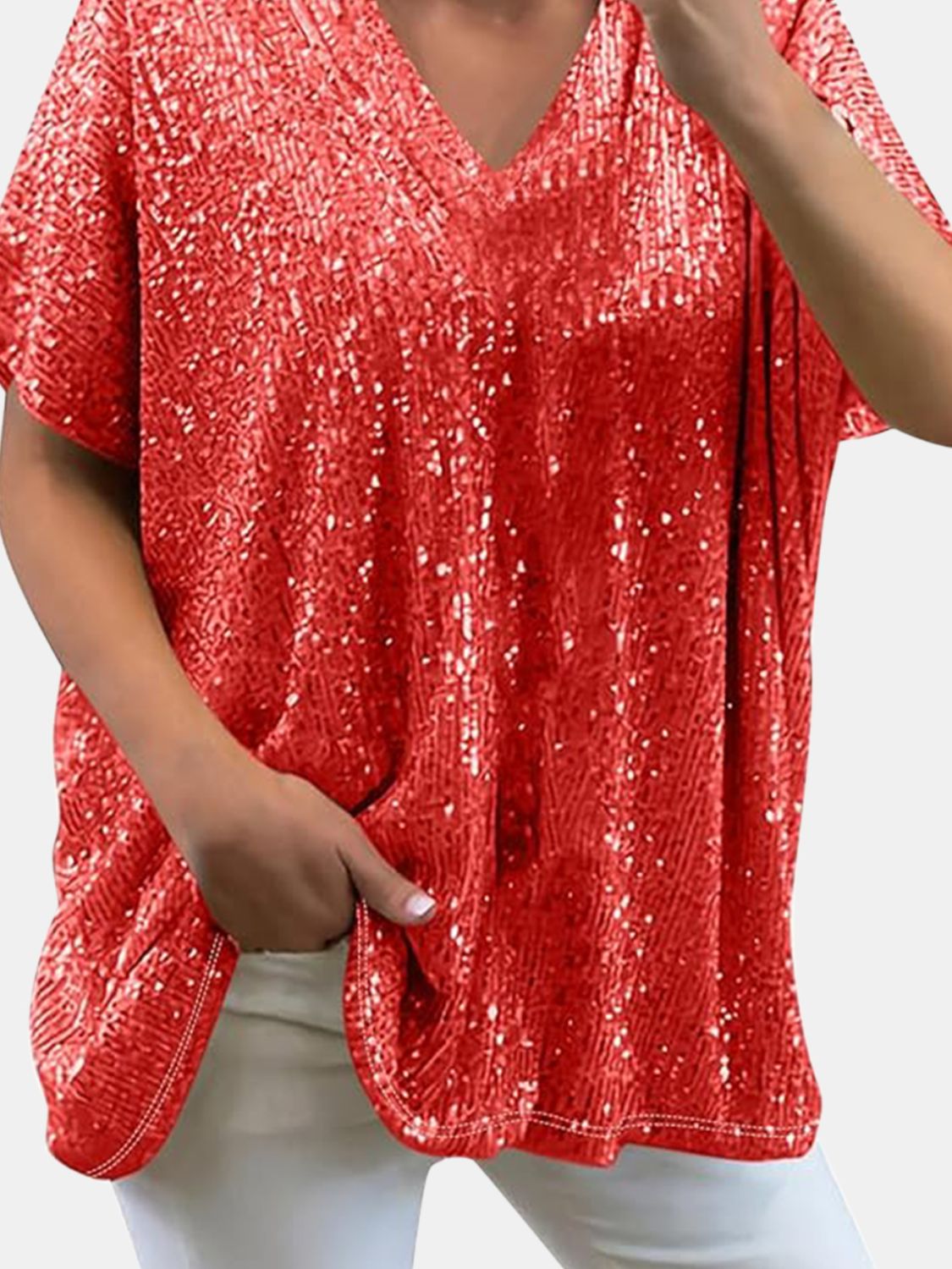 Full Size Sequin V-Neck Short Sleeve Top - MARIGOLD